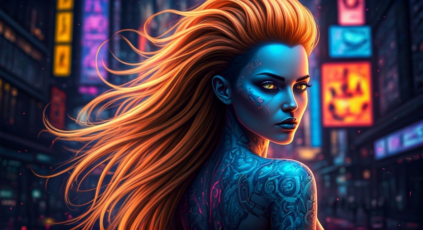 Neon Cyberpunk Goddess in Futuristic Cityscape