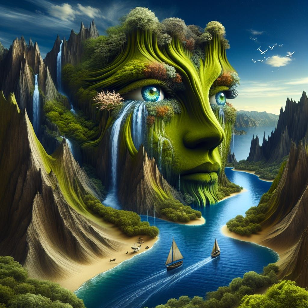 Surreal Mountain Face with Waterfalls and Lush Valley