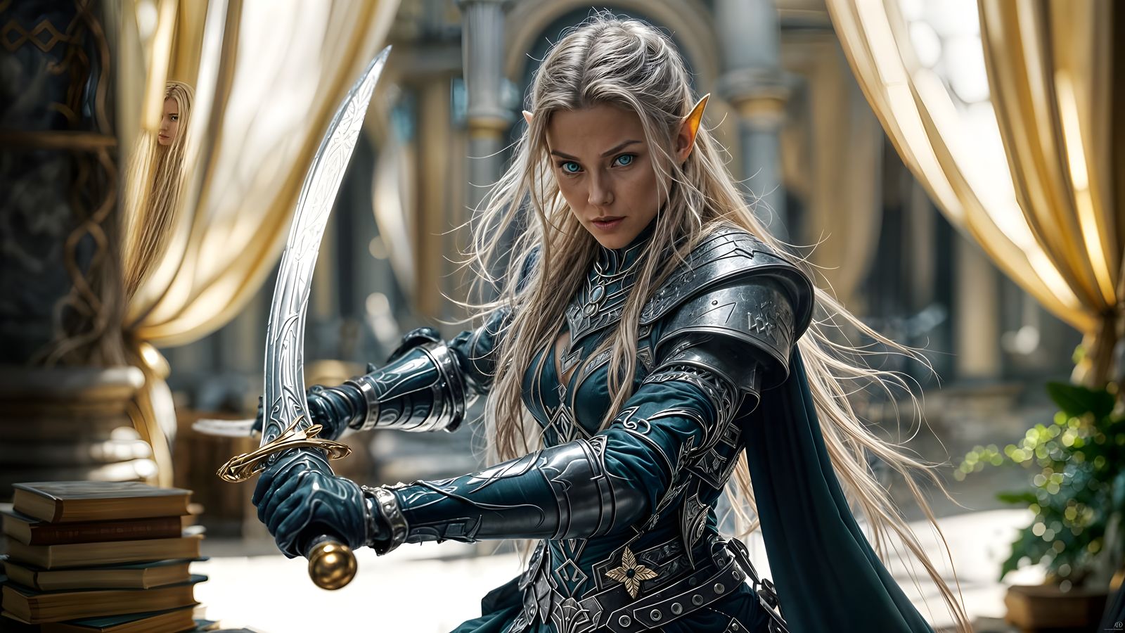 Elegant Fae Warrior in Sunlit Courtyard