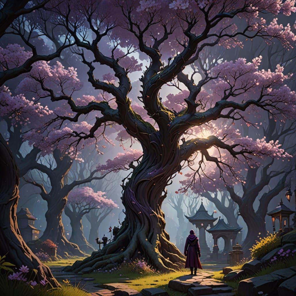 Ethereal Cherry Blossoms in Gothic Twilight