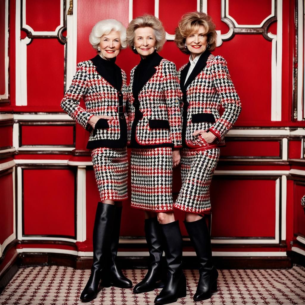 Women in Red, Black, and White Tweed Suits