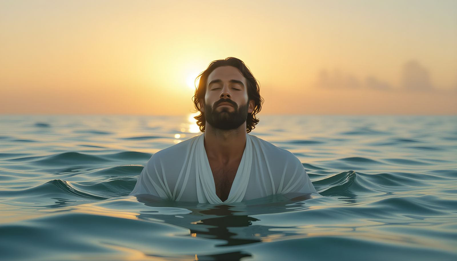 Man Emerging from Water at Dawn, Spiritual Awakening