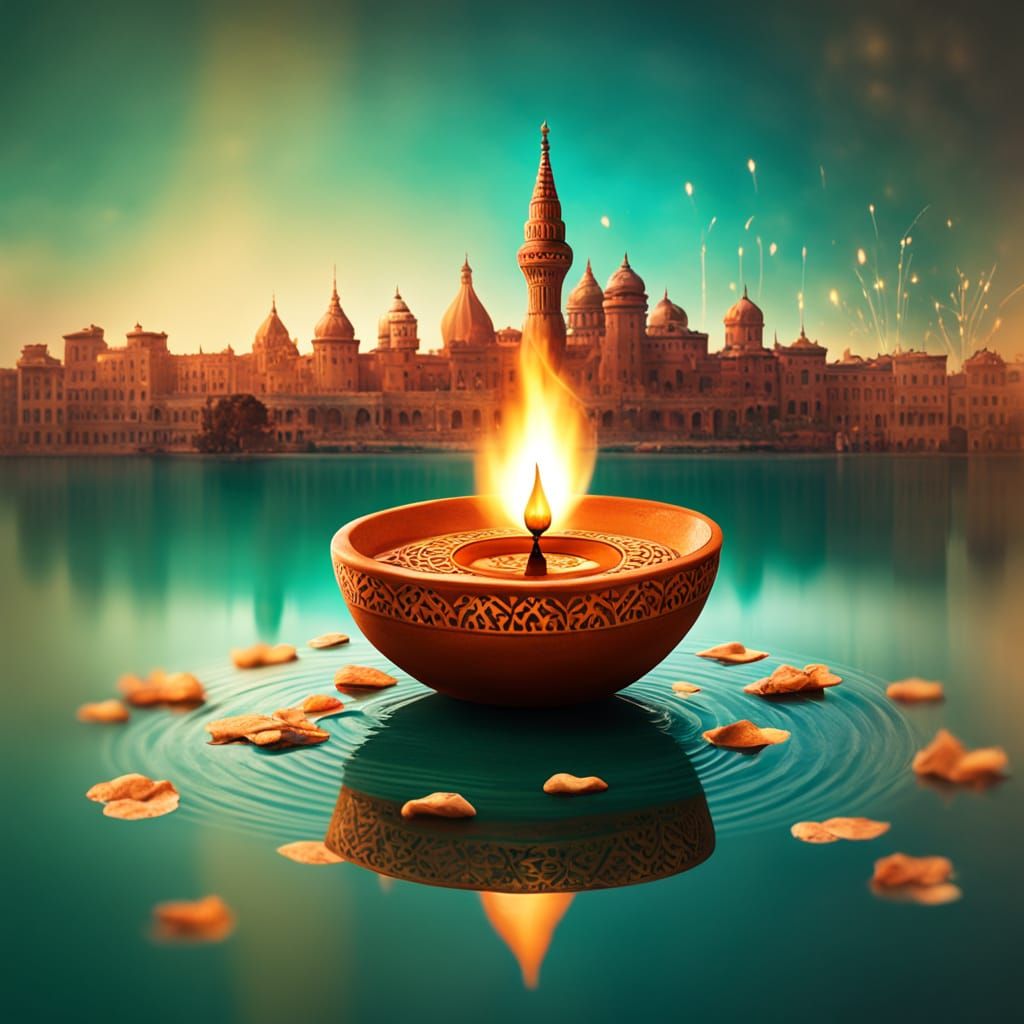 Dreamlike Diwali Diya Floating on Water with City Reflection...