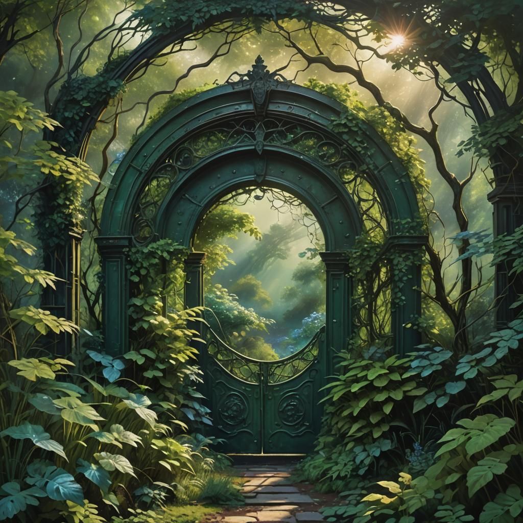 Steel Portal Shrouded in Vibrant Green Foliage