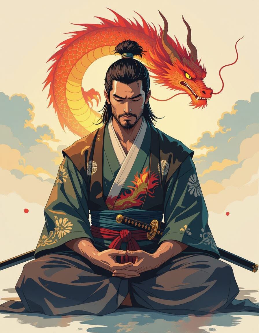 Samurai Meditation: Dragon Spirit in Oil Painting