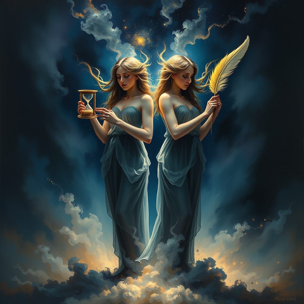 Ethereal Twins in Cosmic Allegory Oil Painting