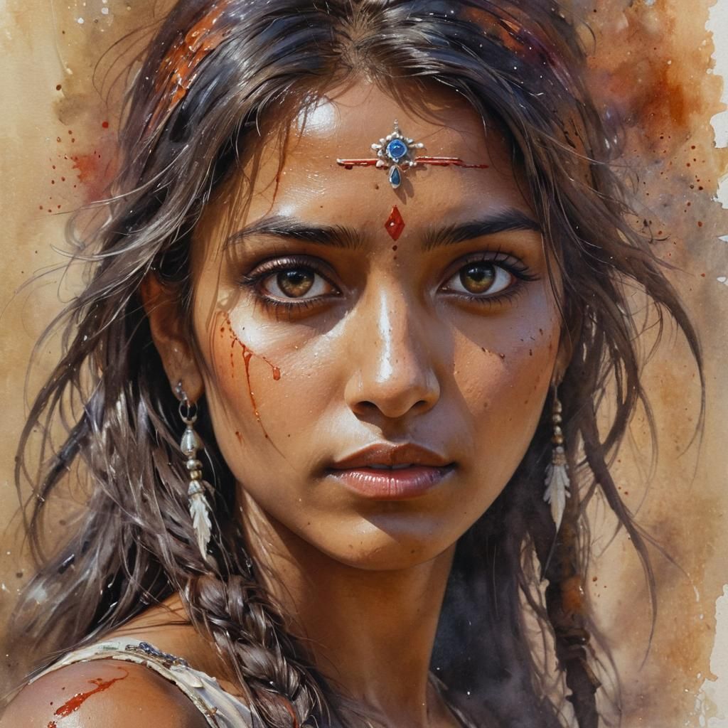 Indian Girl Portrait in Watercolor, Impasto Style