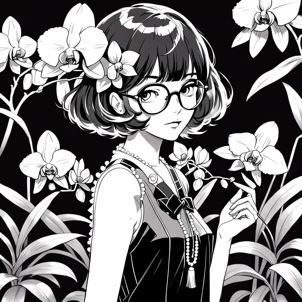 Anime Style Woman with Orchid and Art Deco Flair