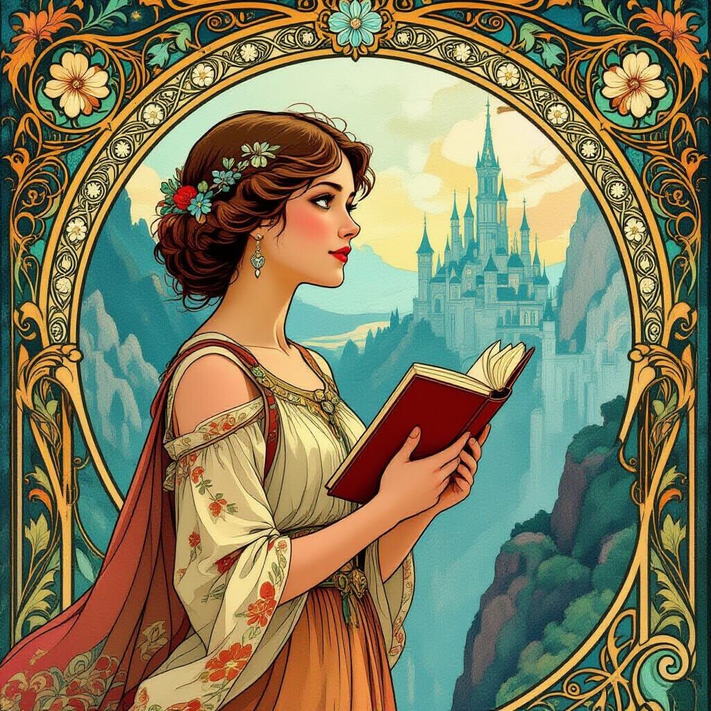 Art Nouveau Woman With Book Ready For Adventure