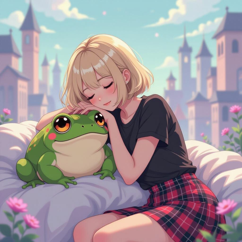 Anime Girl Sleeps in Dreamy Cityscape