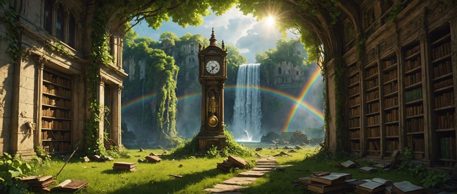 Post-Apocalyptic Library with Waterfall and Rainbow