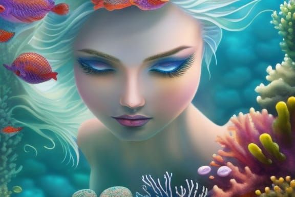 Watercolor Mermaid in Coral Reef Illustration