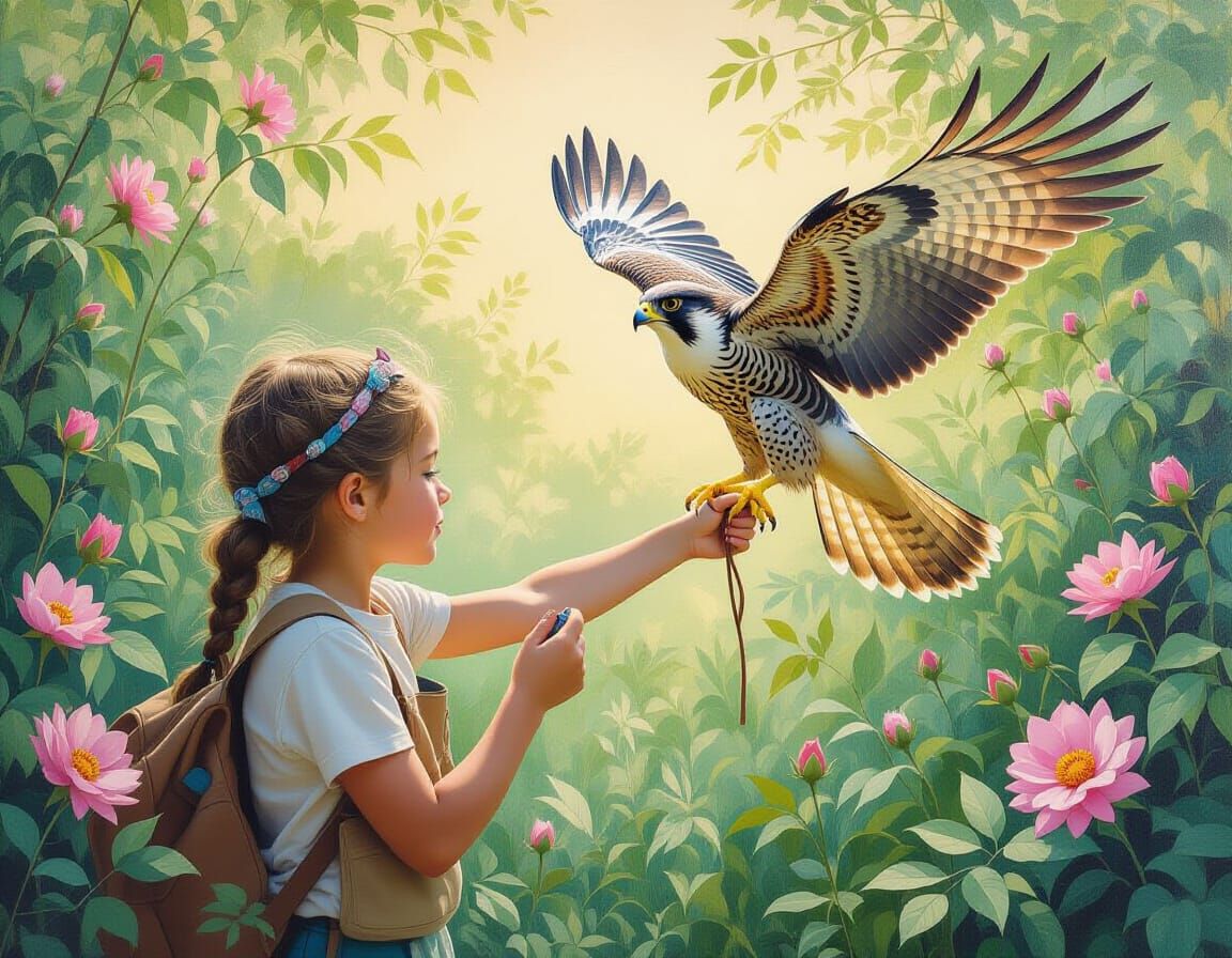 Child Falcon Training: Dynamic Pastel Illustration