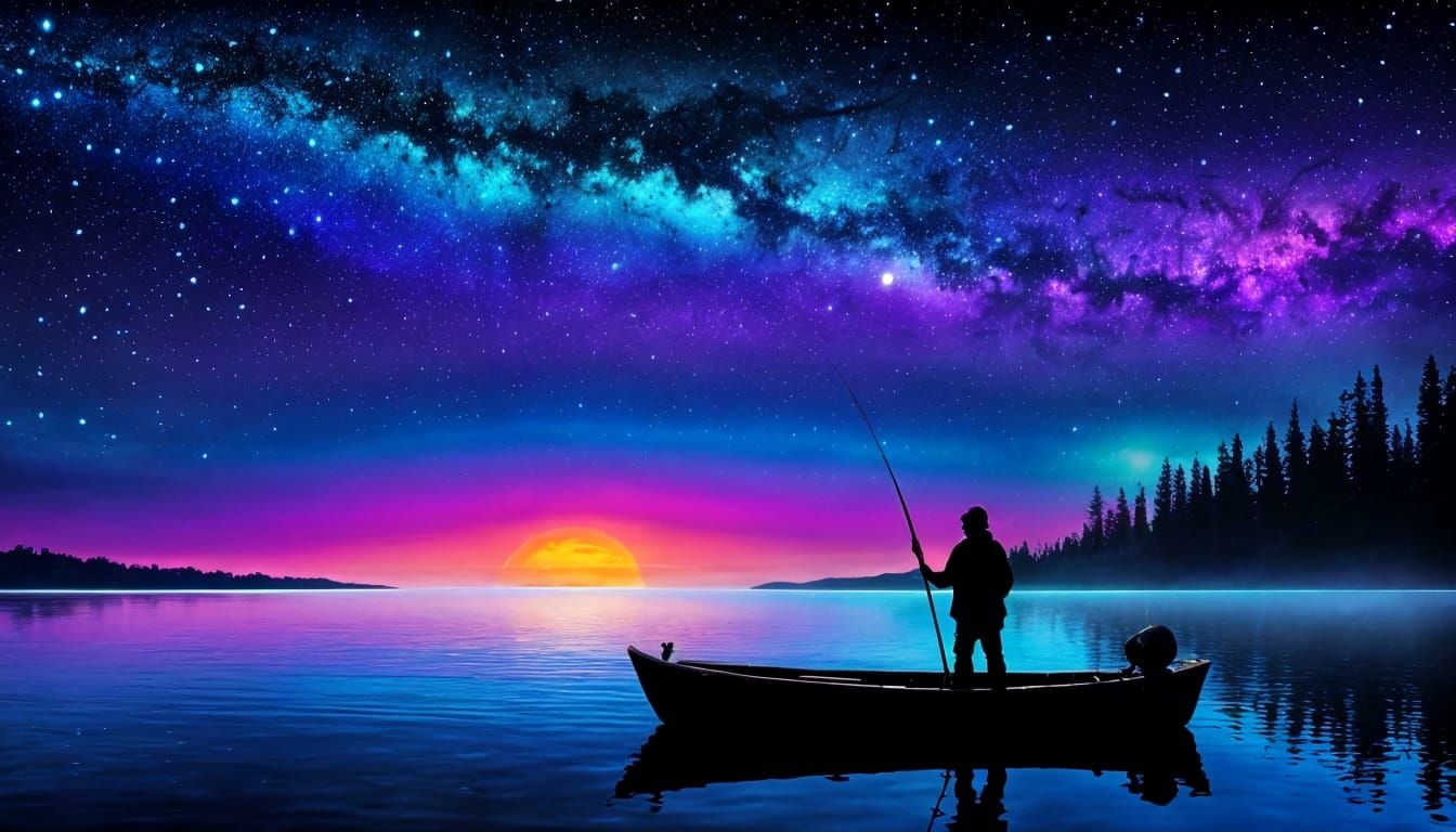 Fisherman Gazing at Cosmic Night Sky