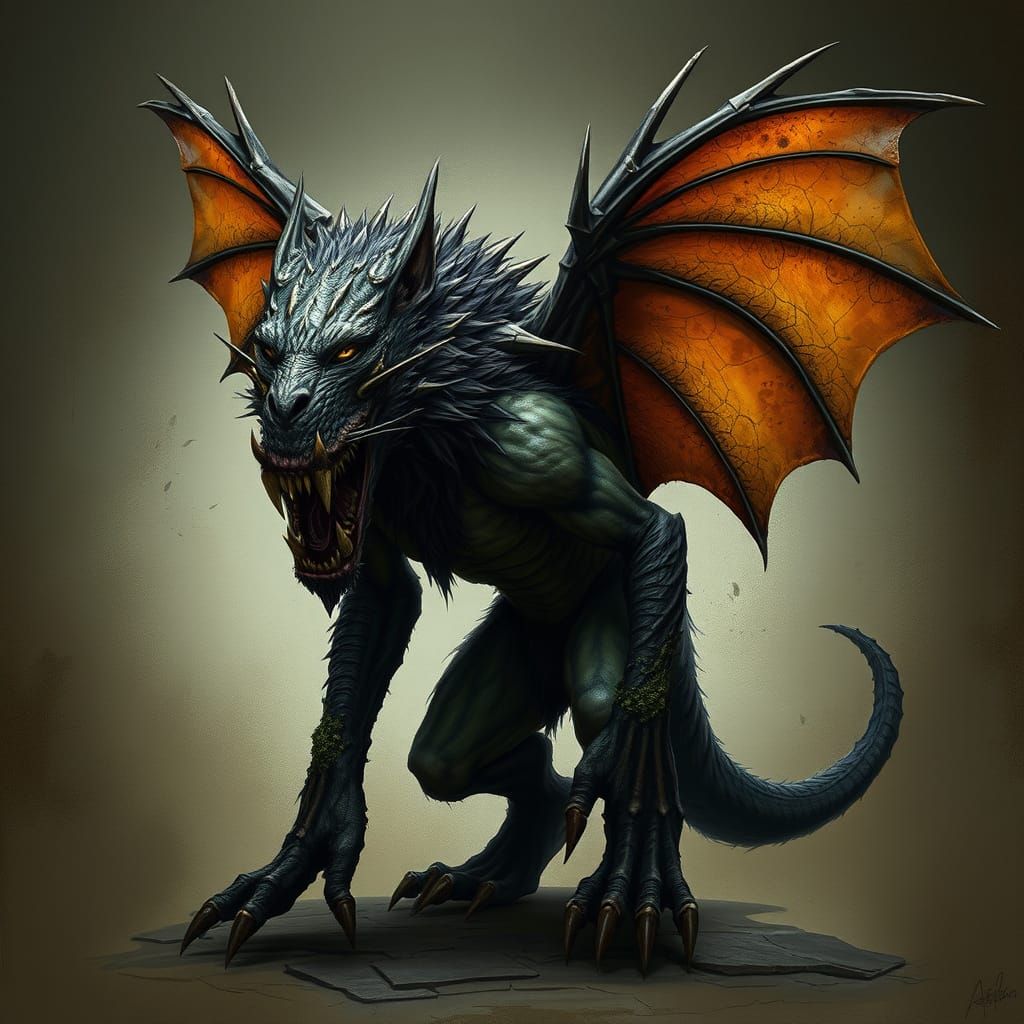 Dark Fantasy Reptilian Werewolf with Majestic Bat Wings