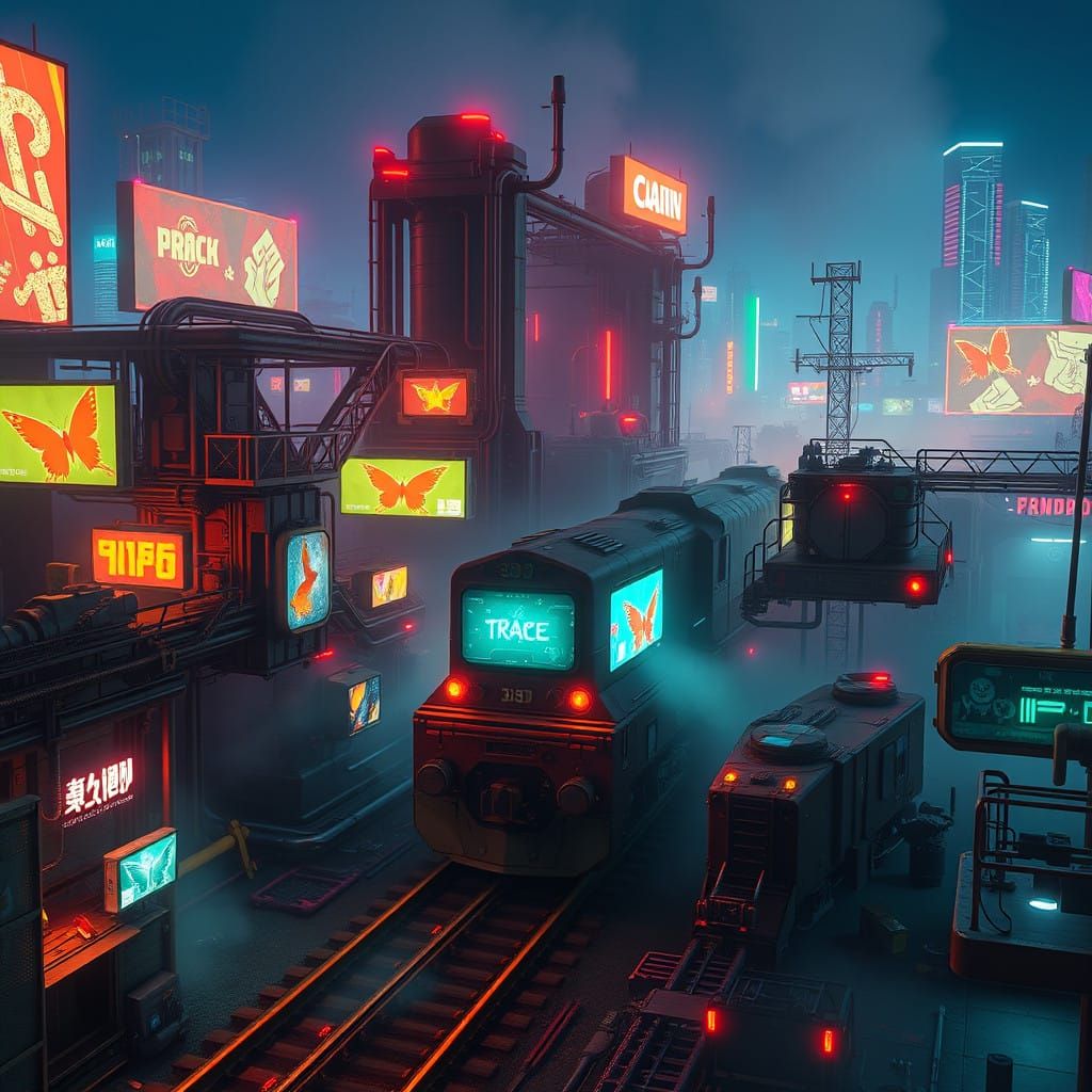 Cyberpunk Trainyard in Futuristic Cityscape Style
