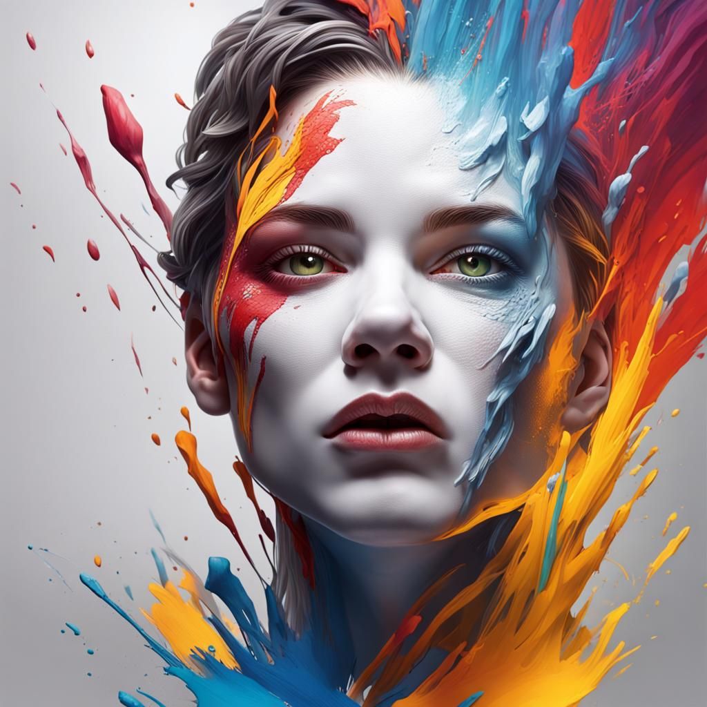 Hyperrealistic White Face with Colorful Splash Art
