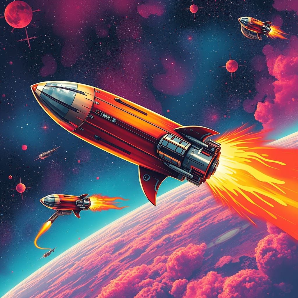 Rocket Ships Soaring Through Starry Galaxy