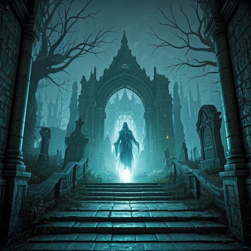 Eerie Ghost Roaming Graveyard in Fantasy Style