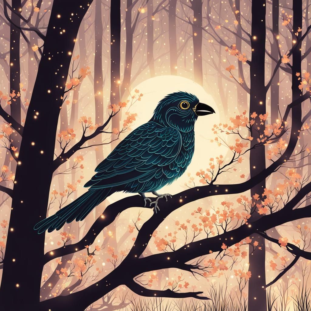 Bird in Firefly Lit Forest at Night