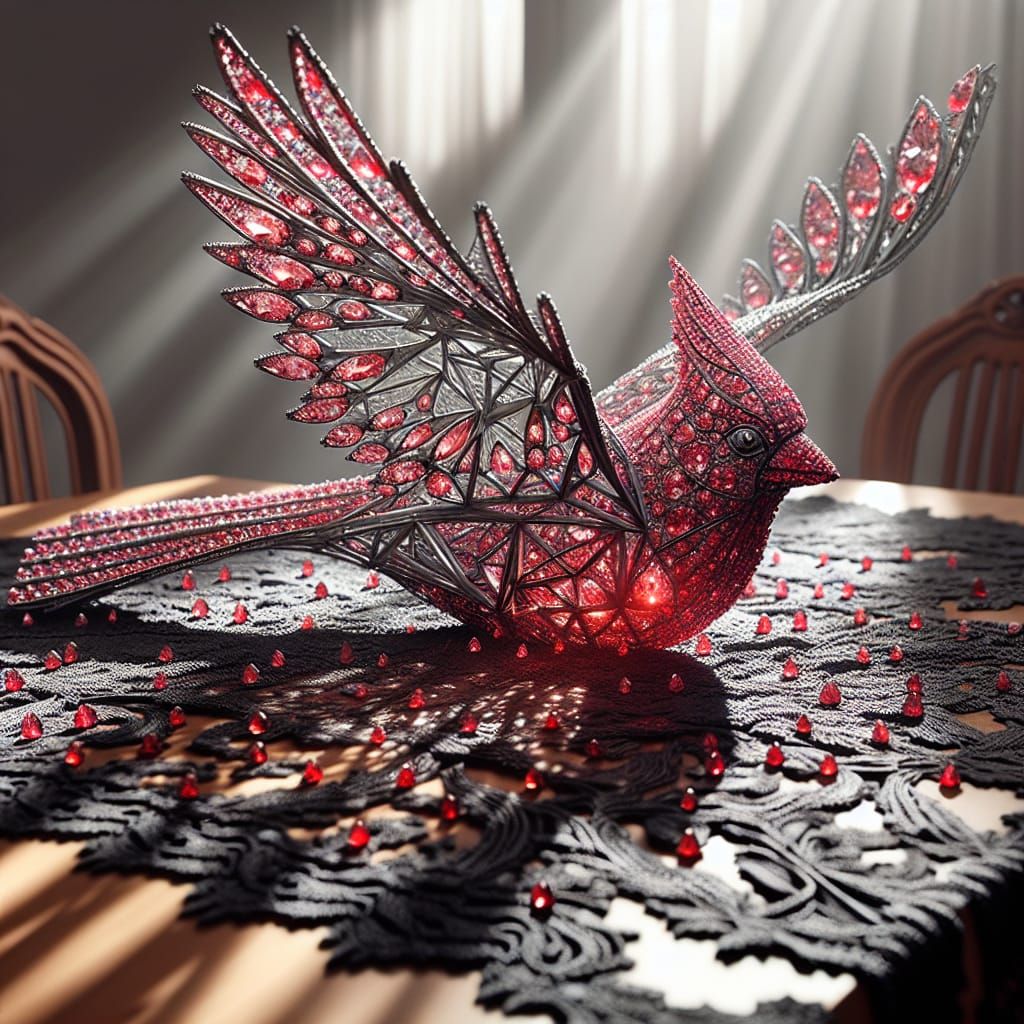 Ruby Cardinal on Black Lace, Radiant Sunlight