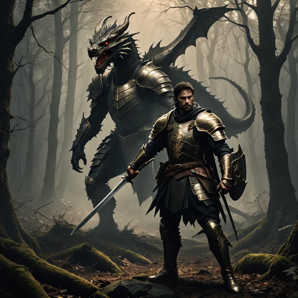 Dragon Hunter in Dark Eerie Forest