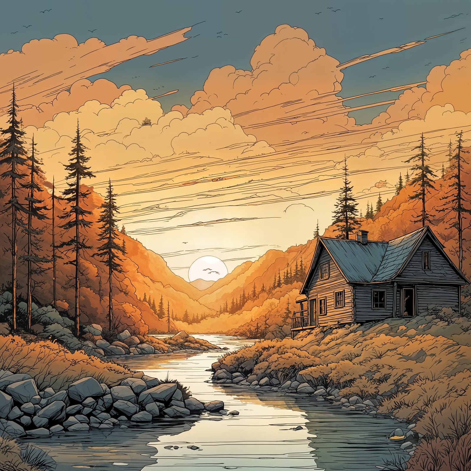 Lonely Man Contemplates Sunset Over Valley Landscape