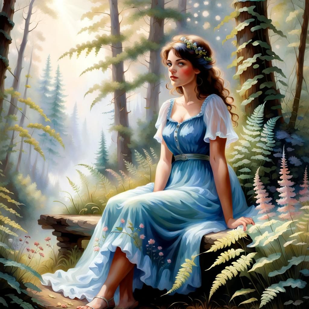 Young Women sitting on a stronk in the woods