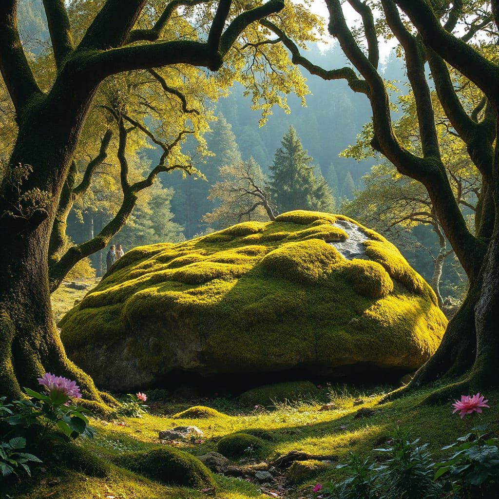 Moss Stone in Forest Clearing: Sfumato Digital Art