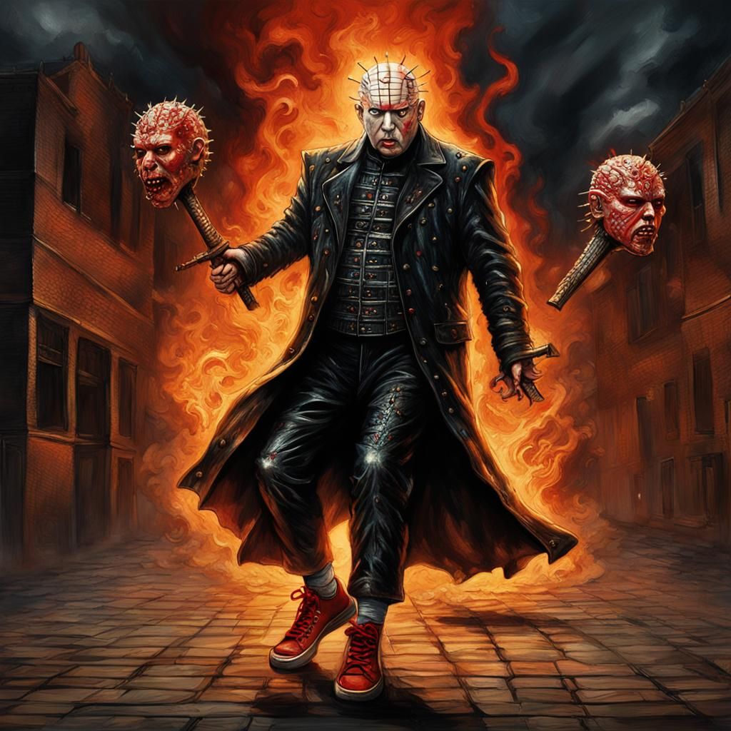 Hyperrealistic Pinhead Chasing Trump in Hellraiser Scene