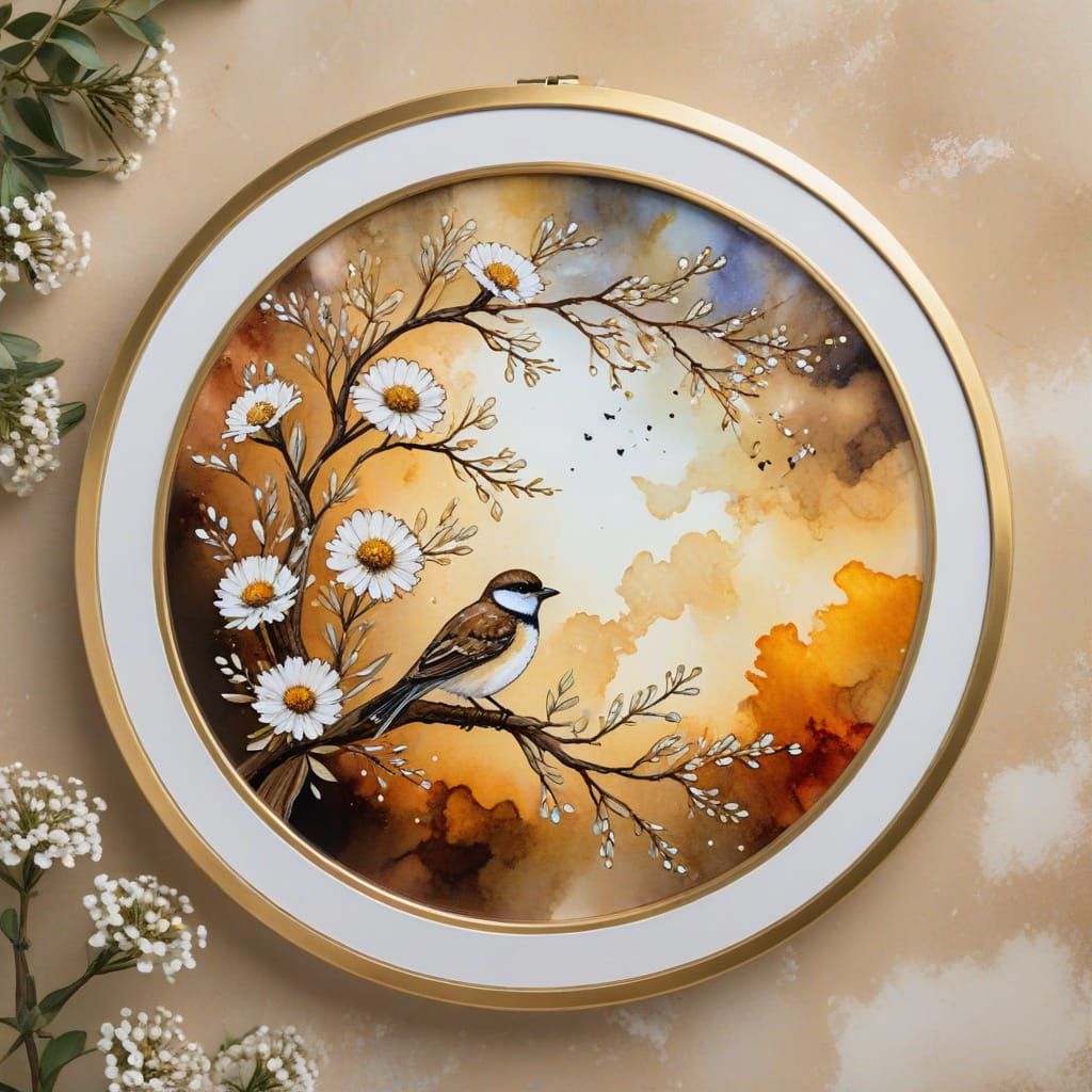 Alcohol Ink Circular Design with Flowers and Bird