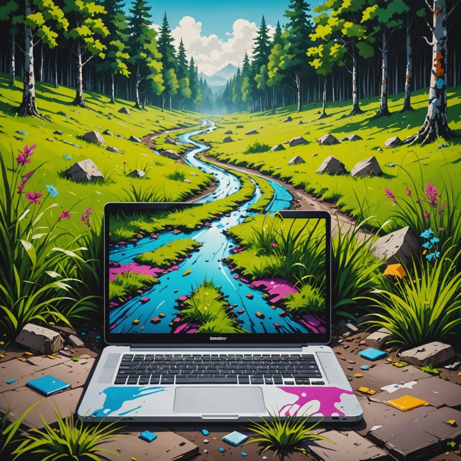 Vibrant Street Art Scene in a Deserted Forest Meadow