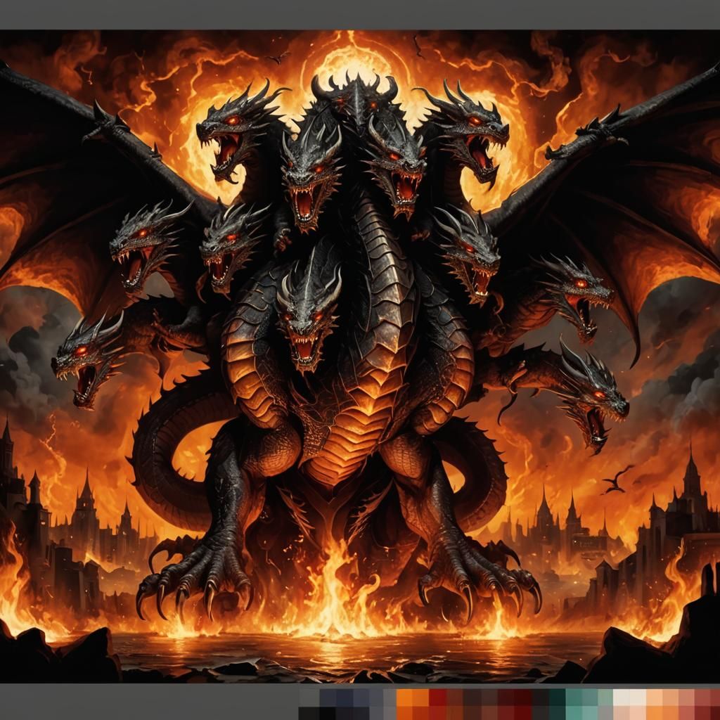 Urus: Nine-Headed Dragon of Hell in Dark Fantasy Art