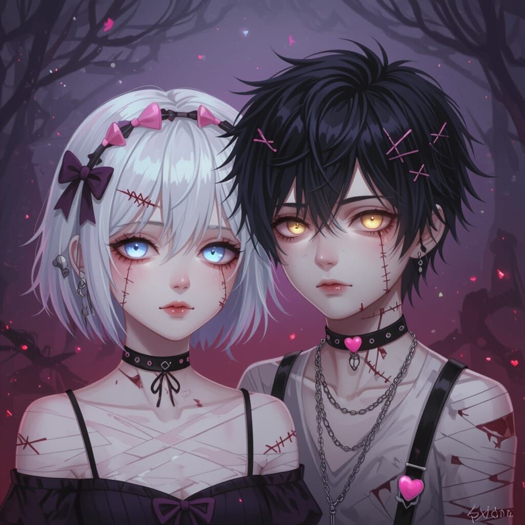 Gothic Anime Cursed Lovers Portrait with Pastel Accents