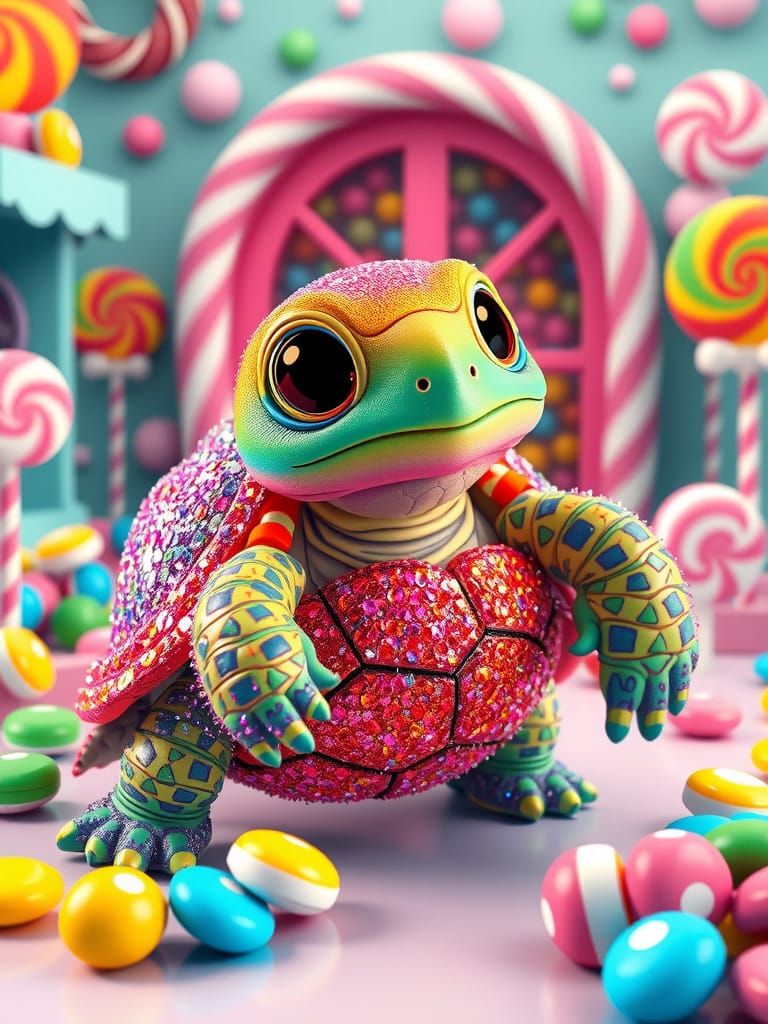 A studio photo of a rainbow coloured turtle