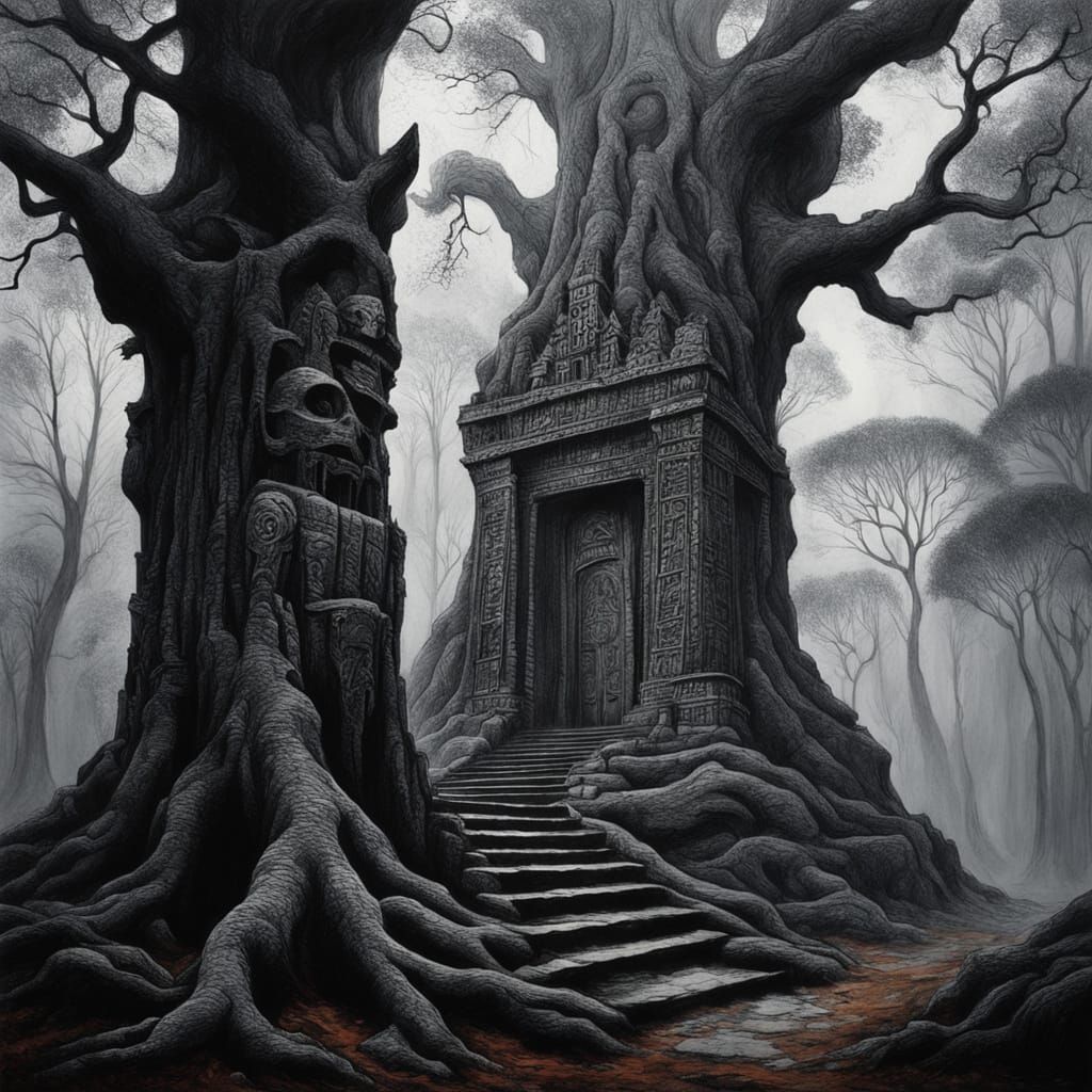 Obsidian Knight Guards Ancient Temple Carved into Gnarled Tr...