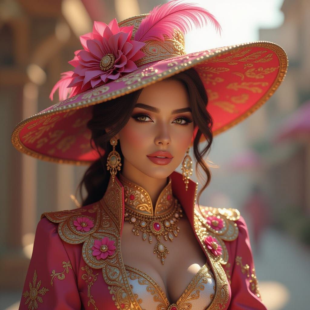 Intricate Fashion Portrait with Gold and Pink Accents