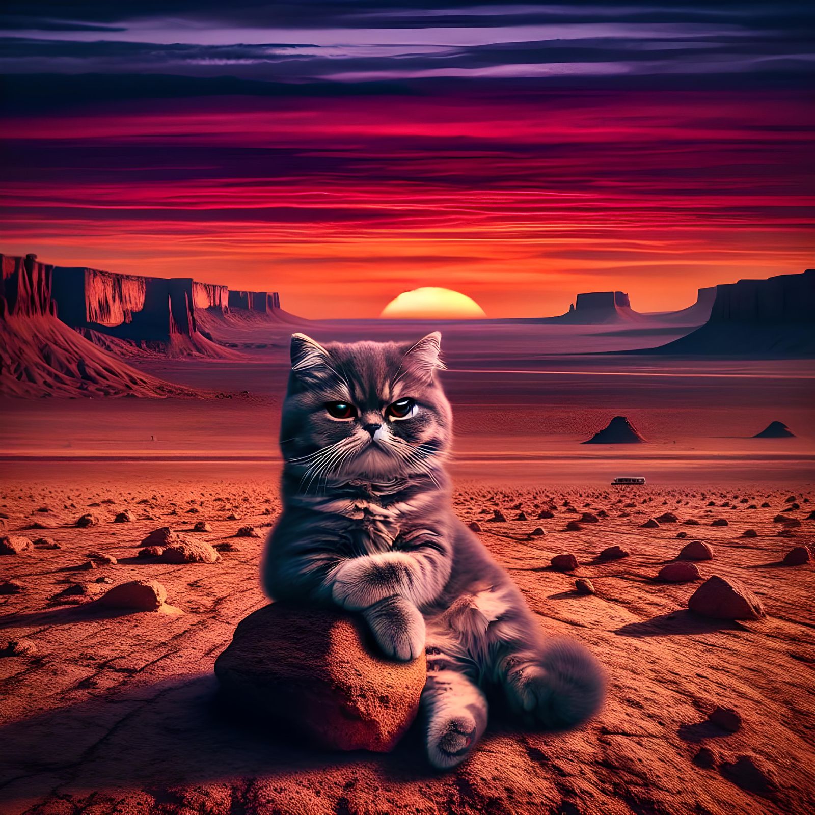 Grumpy Kitten King at Desert Sunset: Folk Futurism