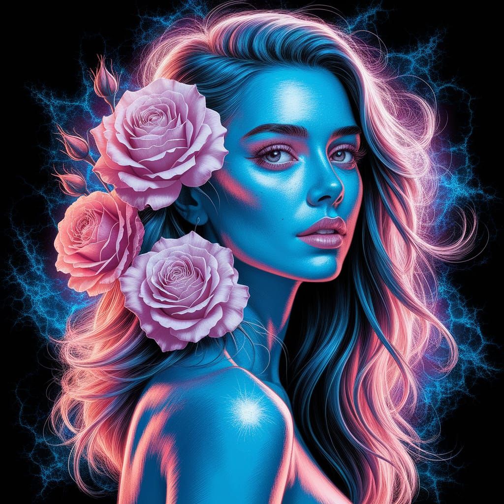 Luminescent Liquid Metal Roses and Woman in Ink Style