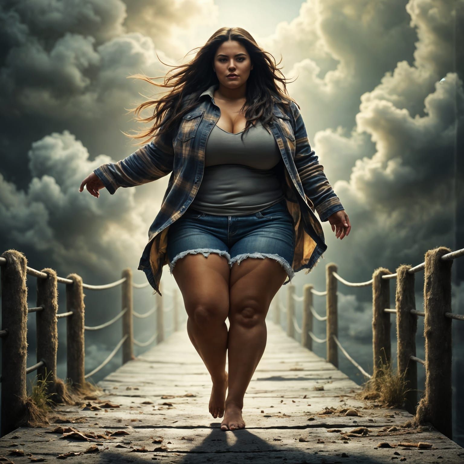 Ethereal Windswept Beauty on a Footbridge