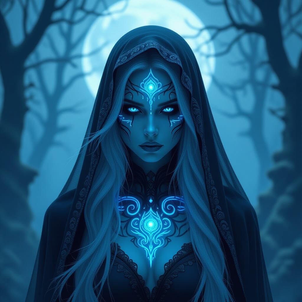 Spectral Banshee with Glowing Blue Tattoos in Misty Forest