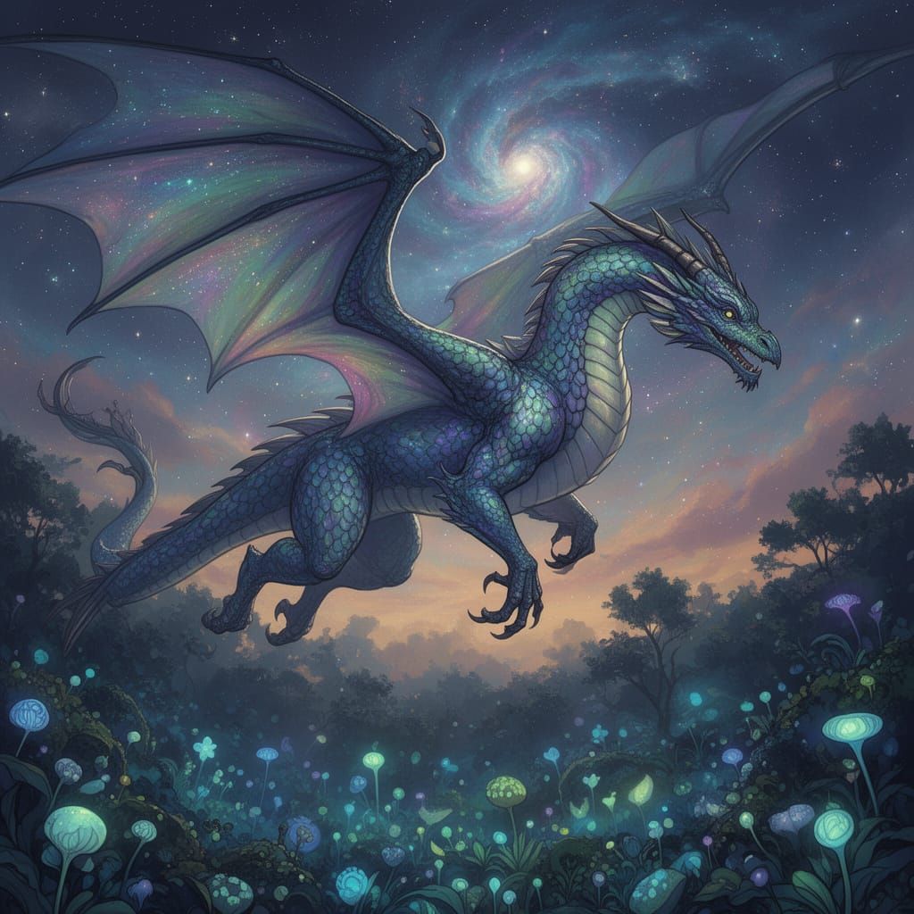 Iridescent Dragon Soars Through Cosmic Sky Over Bioluminesce...