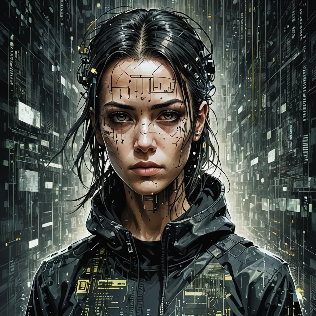 Cyberpunk Hacker in Matrix World: Digital Art Portrait