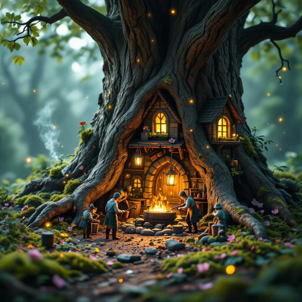 Miniature Tree Root Village Lit by Lanterns and Forge Light