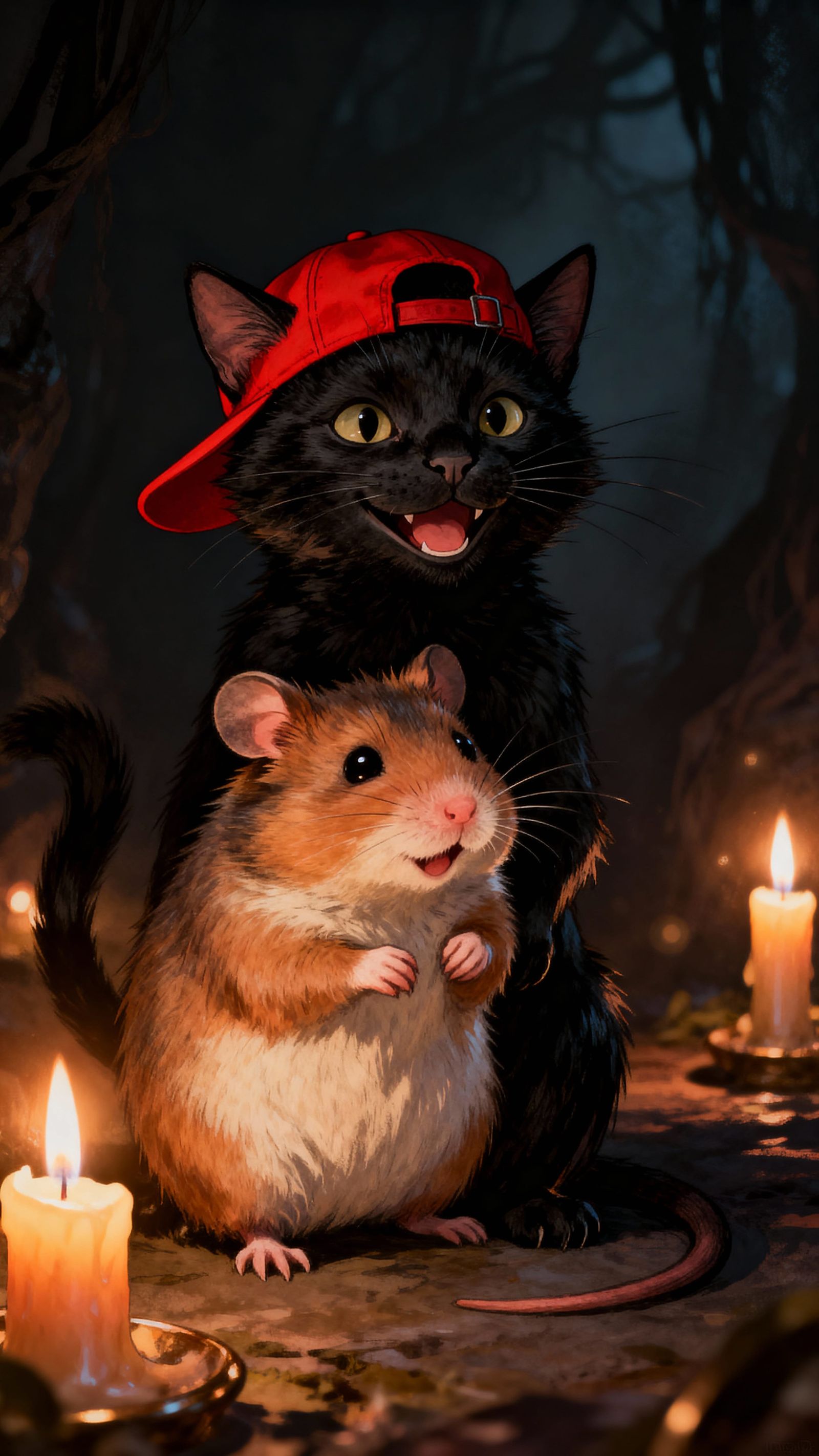 Whimsical Cat-Hamster Hybrid in Candlelit Portrait