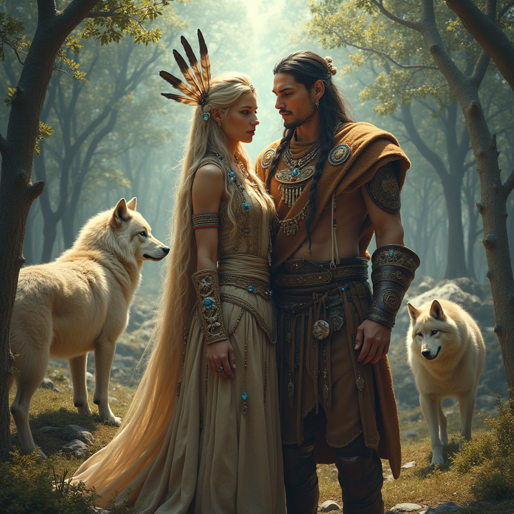 Regal Indigenous Couple with Wolves in Fantasy Landscape
