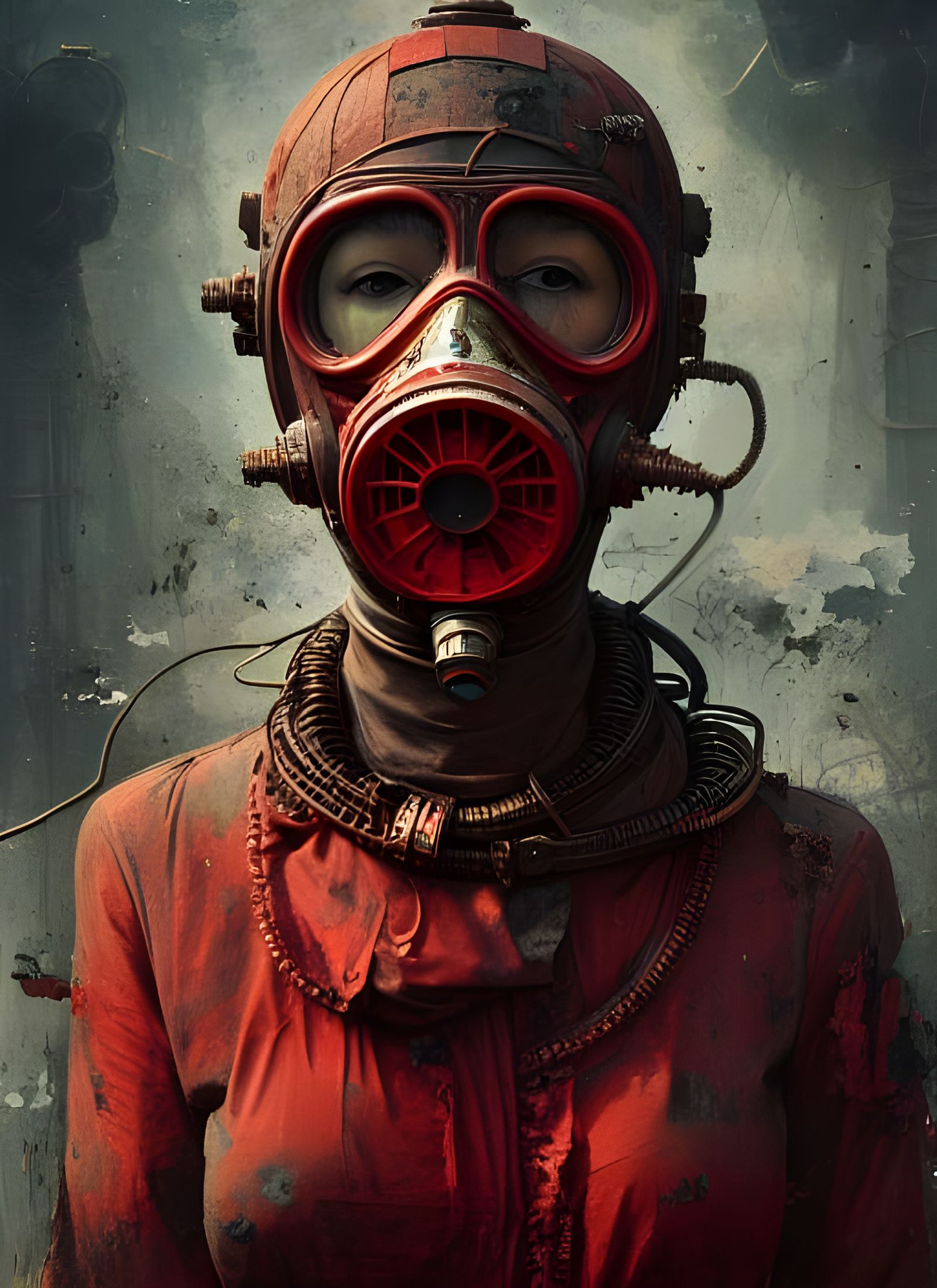 Elaborate Red Gas Mask Woman: Hyperdetailed Fantasy Art