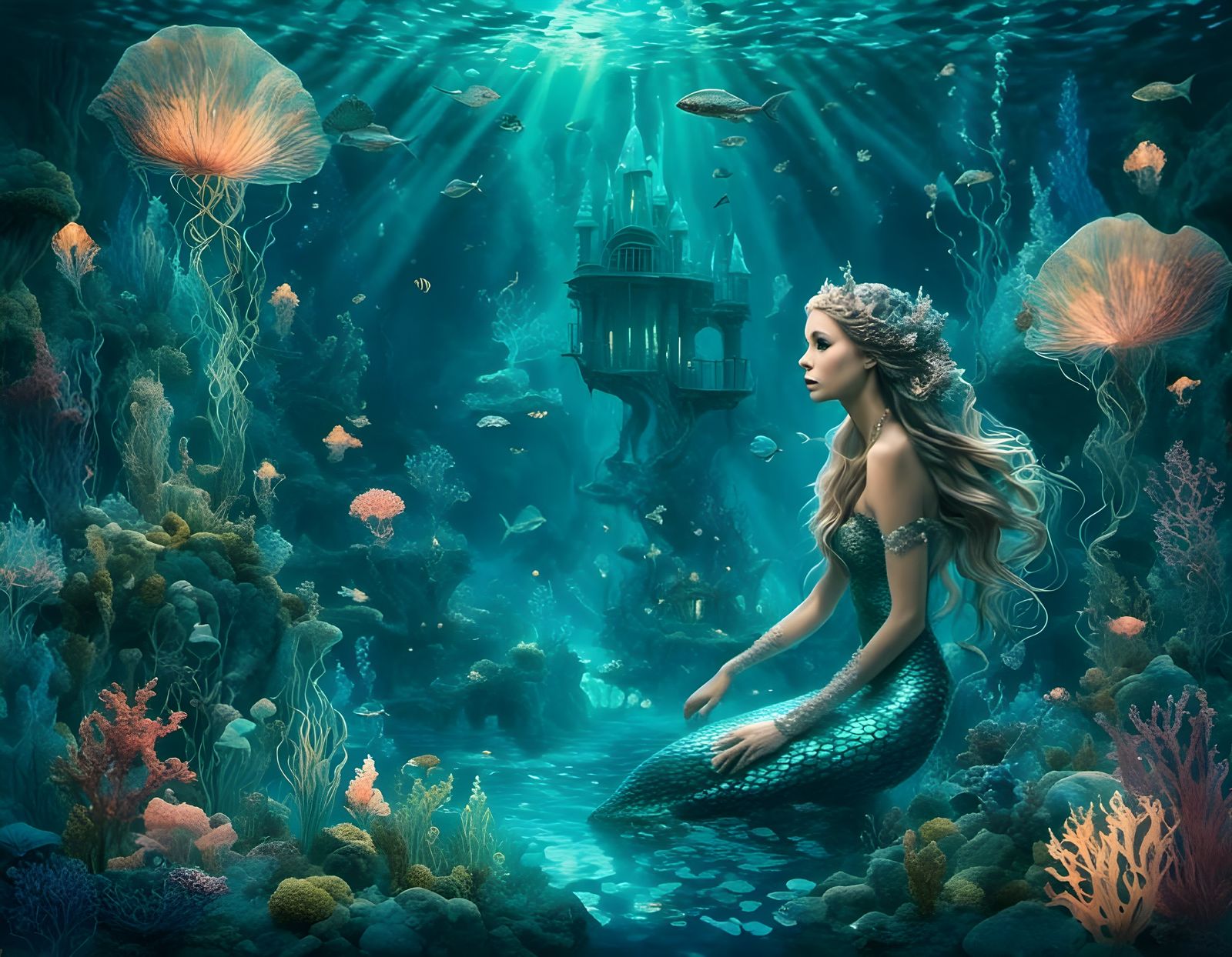 Surreal Mermaid Princess in Luminous Underwater Palace