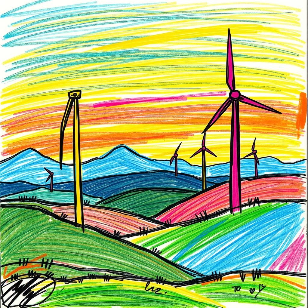 Colourful Wind Farm Landscape in Childlike Style