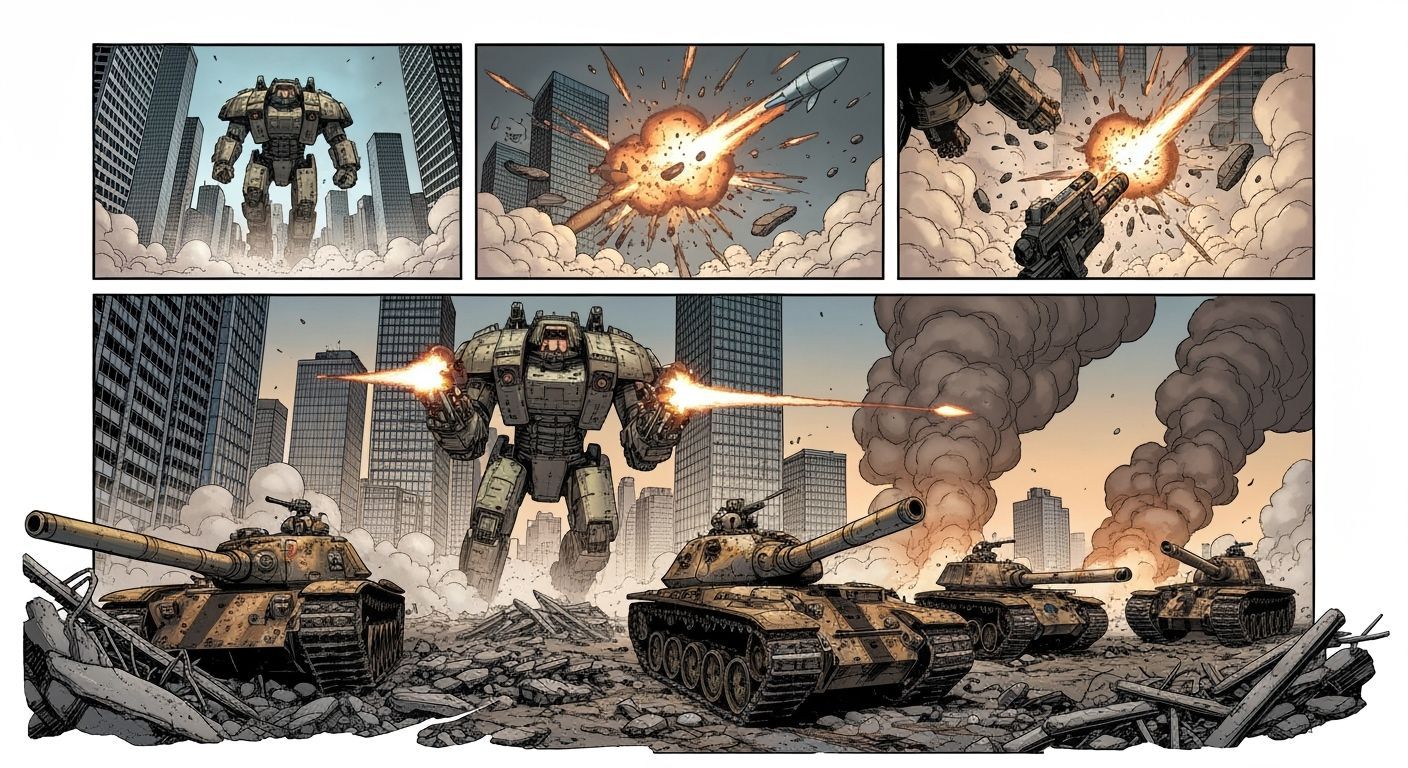 Comic Page: War Machine Attacks City in Dynamic Panels
